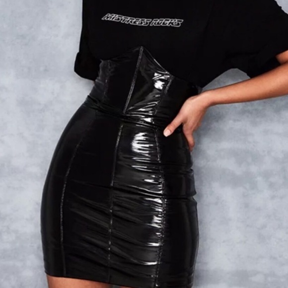 Black vinyl patent faux leather skirt high waisted goth bondage fetish sexy F2 - Picture 2 of 4